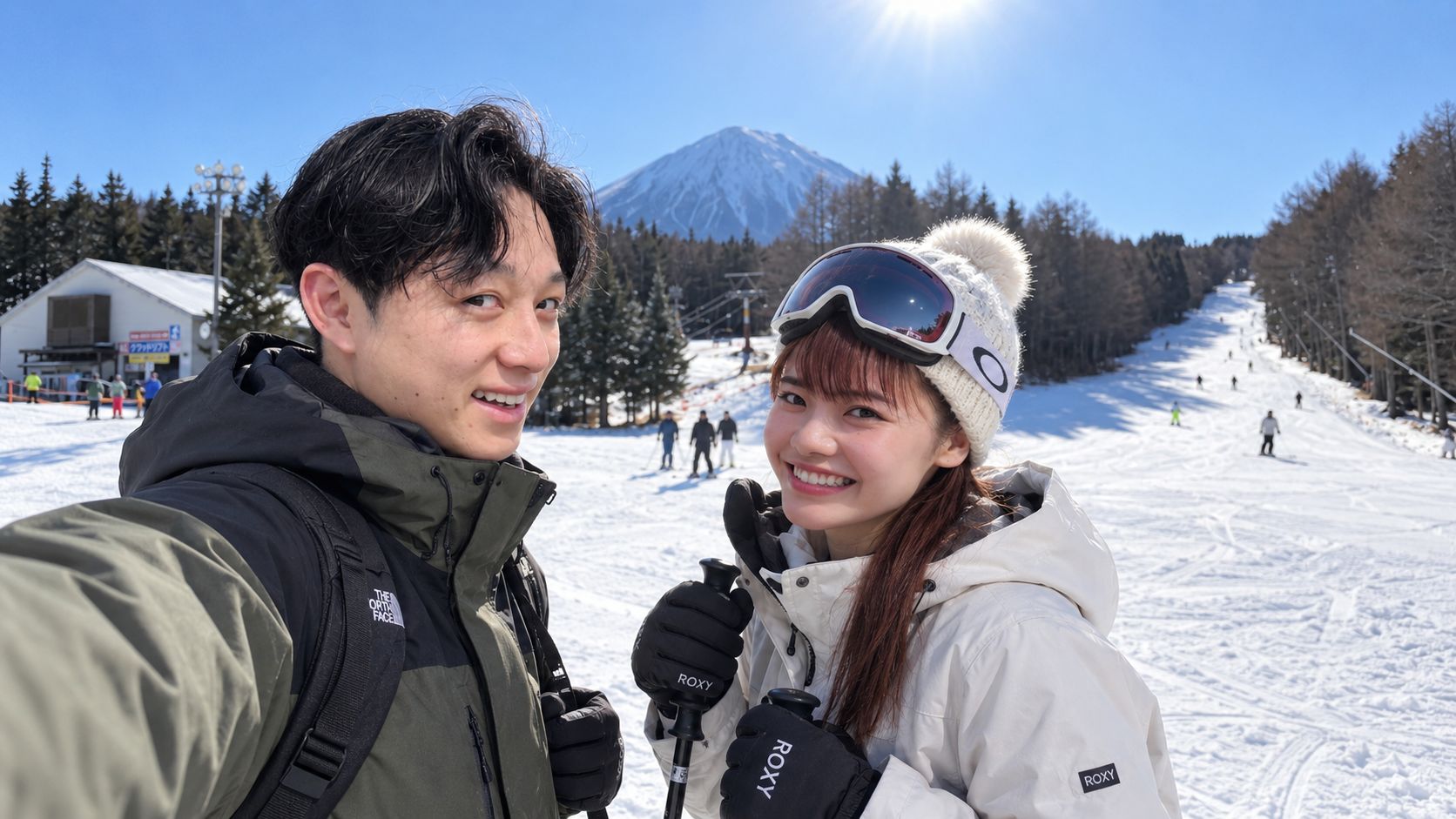 A couple skiing together