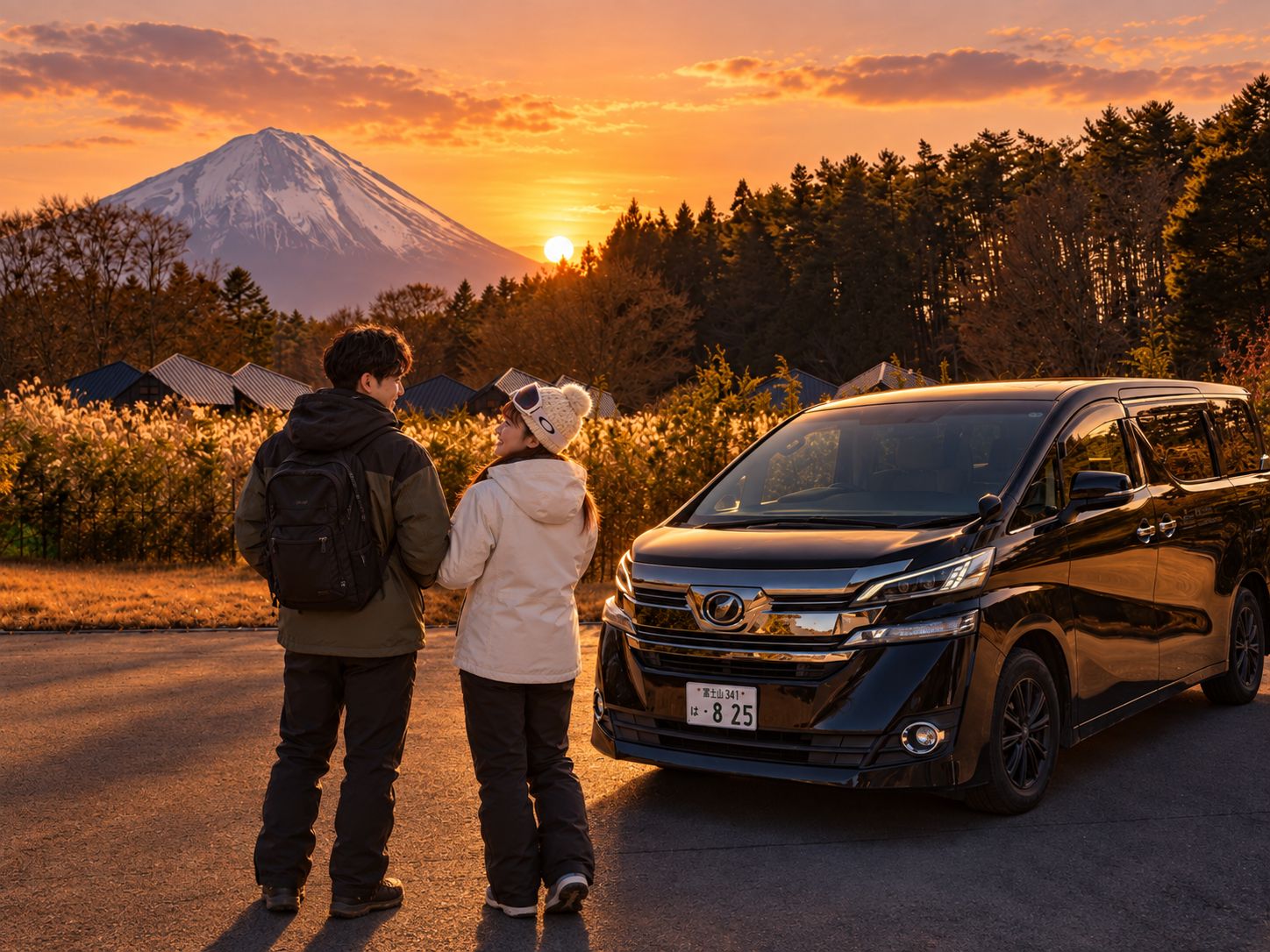 Two guests in ski wear talking beside the shuttle vehicle as the sun sets behind Mt. Fuji