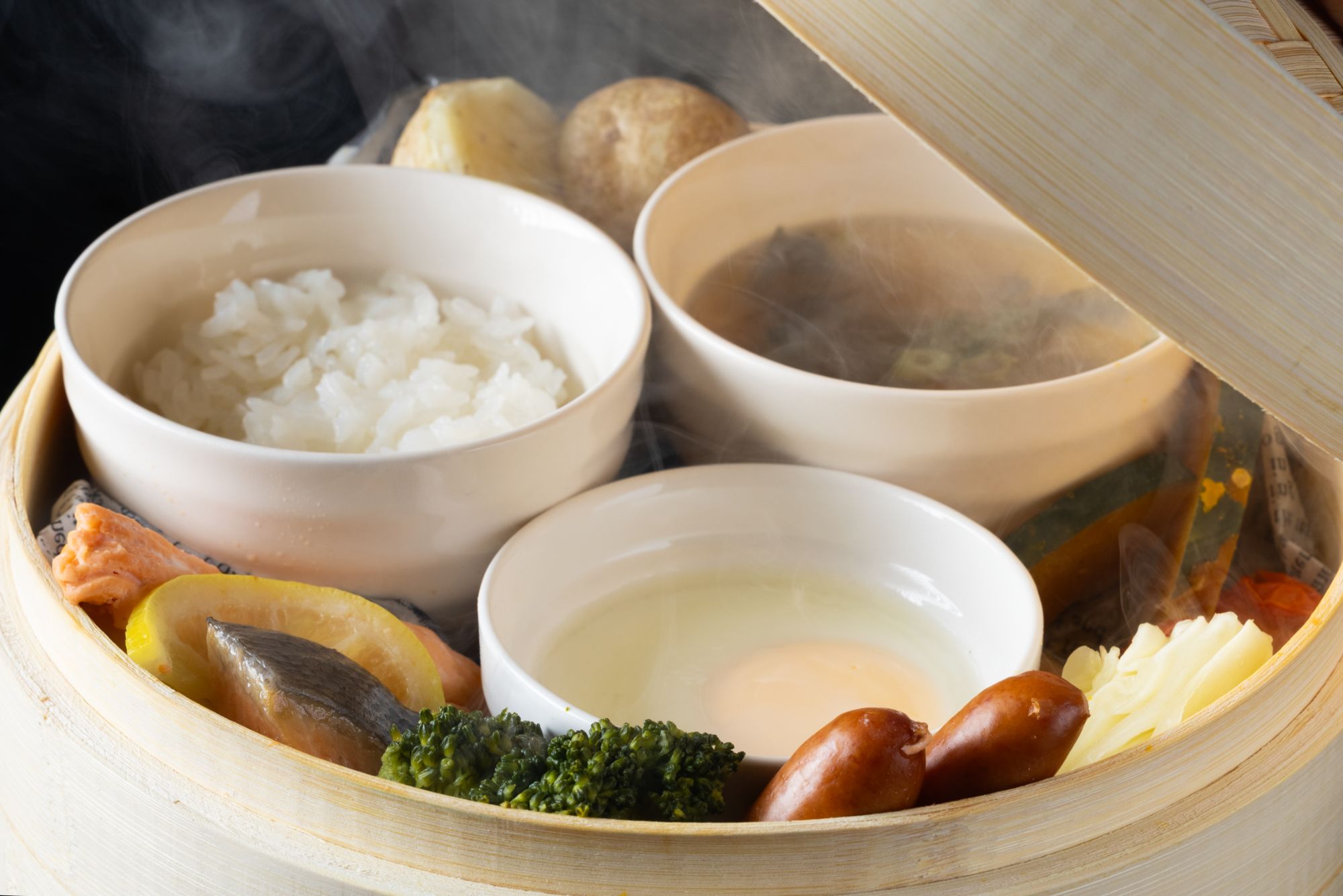 A breakfast tray with rice and soup